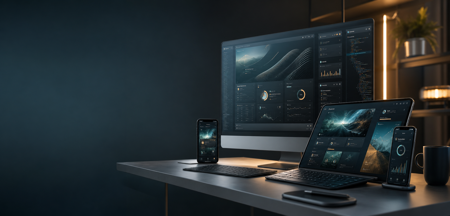 A polished digital workspace with abstract app dashboards across multiple screens.